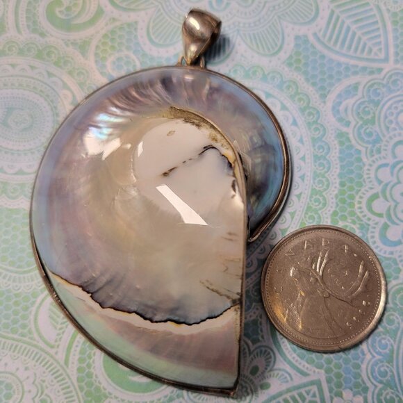 Mother Of Pearl Nautilus Pendant Sterling Silver 925 Statement Shell Pendant - Picture 4 of 13